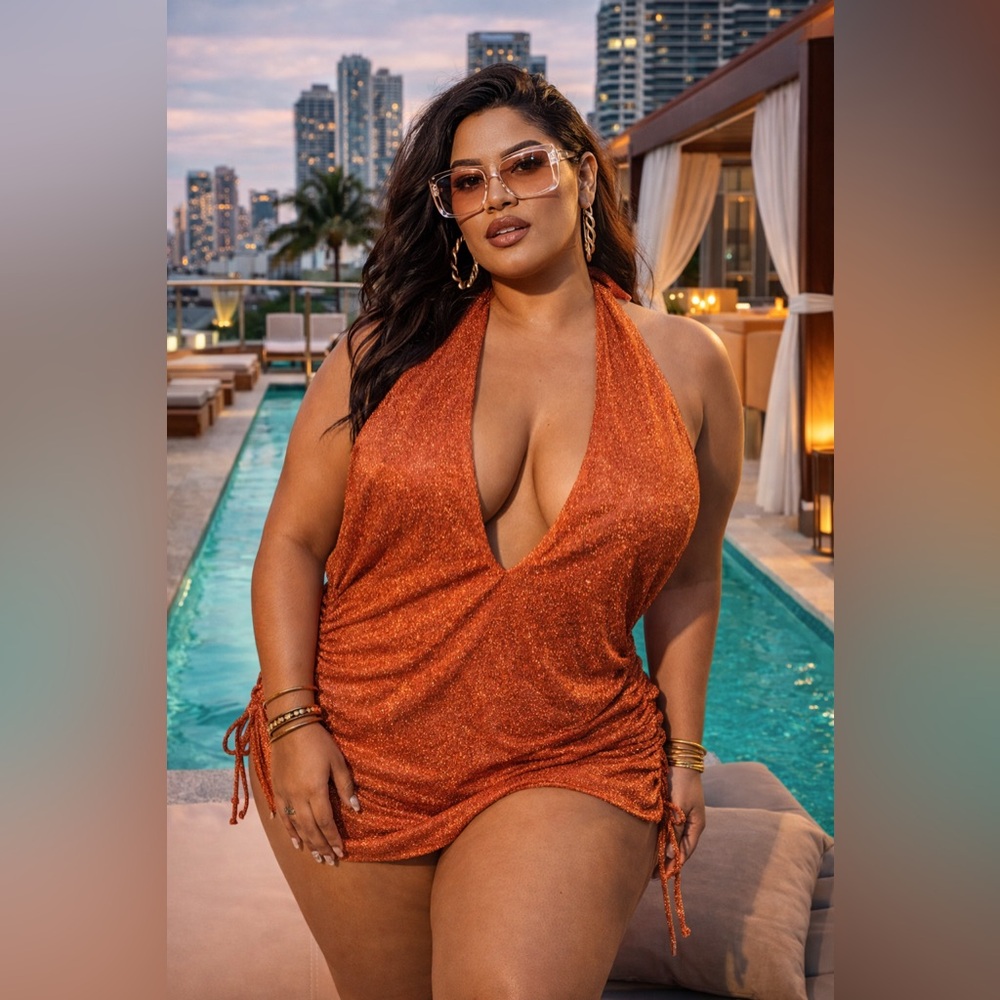 ASOS DESIGN Curve Rust Glitter Halter Swimsuit Adjustable Side Tie – Plus Size